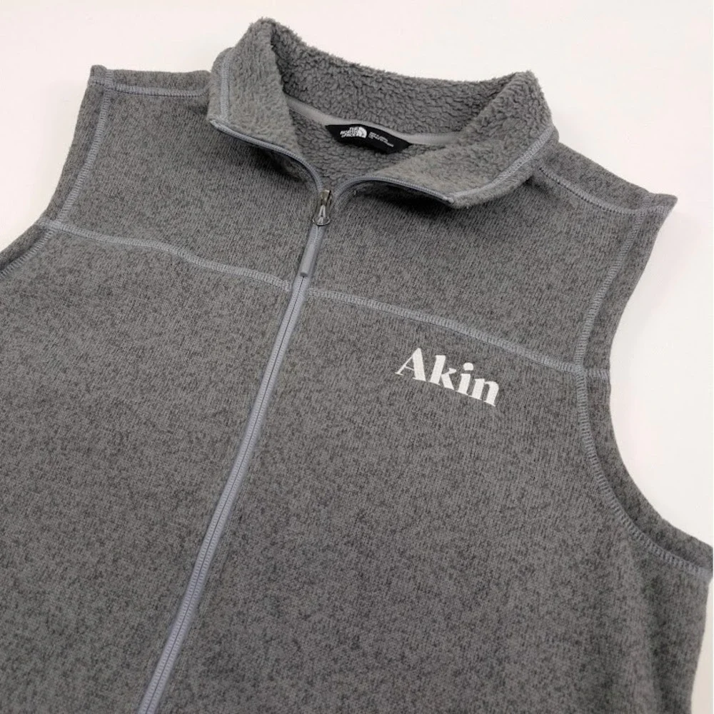 The North Face Sweater‎ Fleece Vest Mens Large Gray Full Zip Akin Law Firm Logo